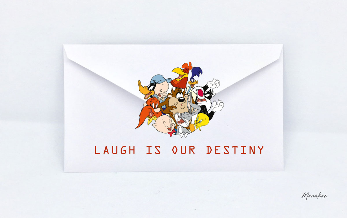 Enveloppe Looney Tunes 1, Laugh is your destiny, Monakoe, imprimé sur Papier Beaux Arts contrecollé, Cadre Noir, 10 exemplaires, Dimension 36 x 57,5cm