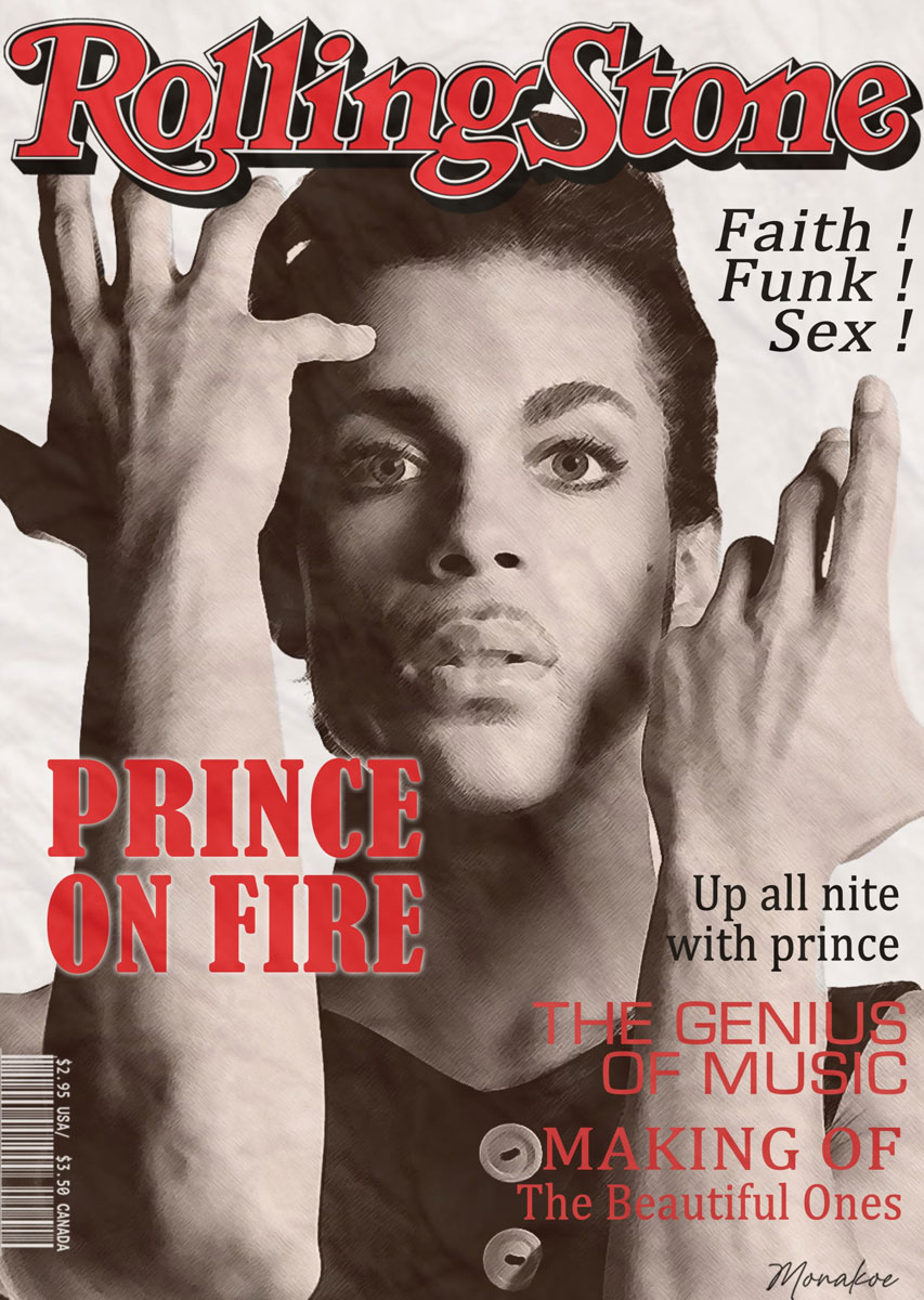 Rolling Stone Magazine (d'après), Prince, imprimé sur Papier Beaux Arts contrecollé, Cadre Noir, 10 exemplaires, Dimension 59x83cm