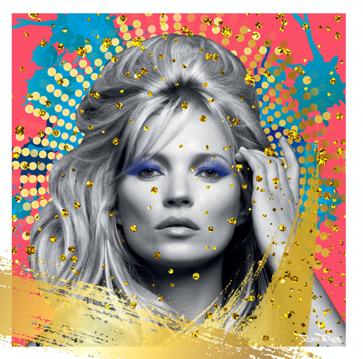 Kate Moss Paillettes, BrainRoy, Finition verre acrylique print, encadré en caisse Américaine, Dimension 100 x 100 cm, édité en 6 exemplaires avec certificats