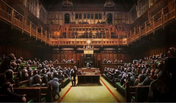 Parliament devolved, Print d'après Banksy (after), épreuve en couleur, signé sur papier Arches dans la planche, cachet de l'éditeur numéroté sur 150, encadré avec certificat de l'éditeur, 28x38cm