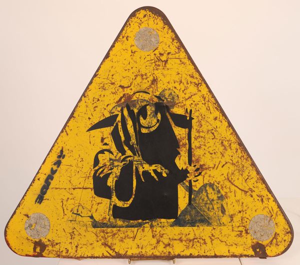 Banksy (d'après) - Stencil print on road sign - Grin reaper.