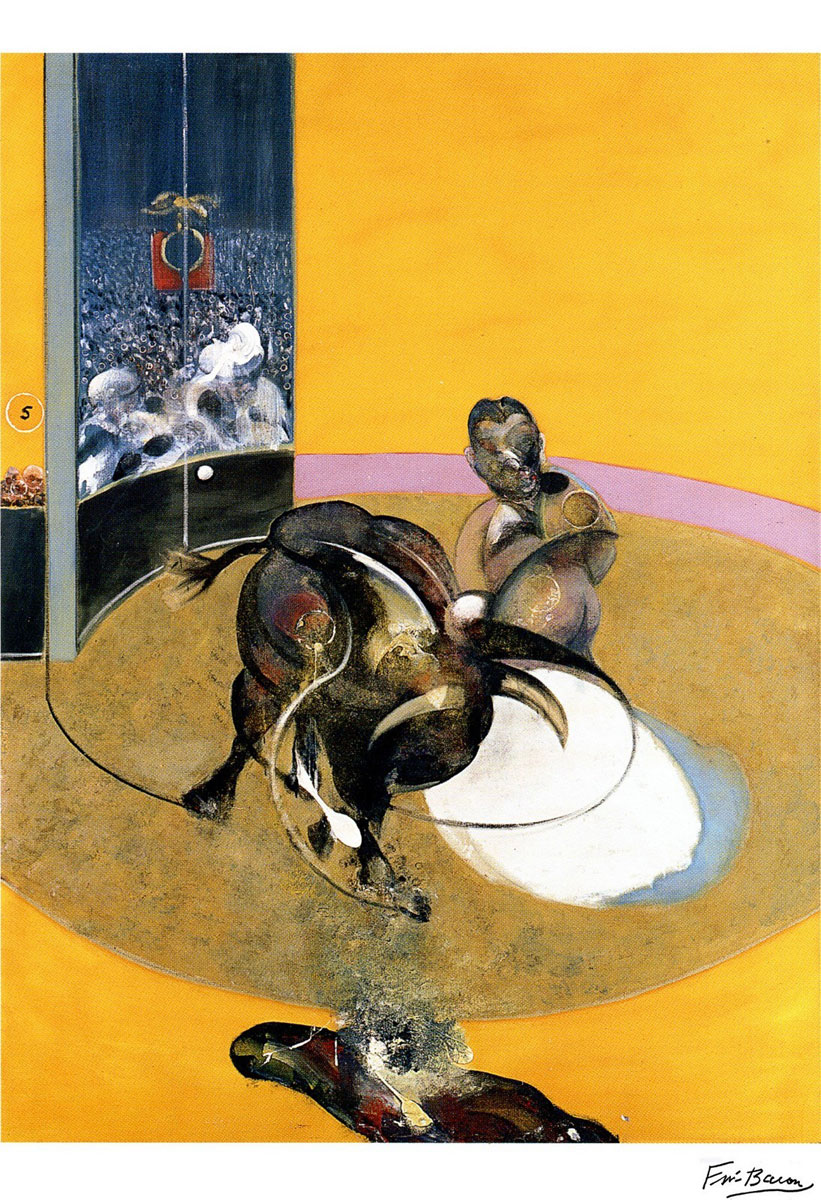 Études pour la corrida 2 (1969), Print d'après François Bacon, épreuve en couleur, signé sur papier Arches dans la planche, cachet de l'éditeur numéroté sur 150, encadré avec certificat de l'éditeur, 28x38cm