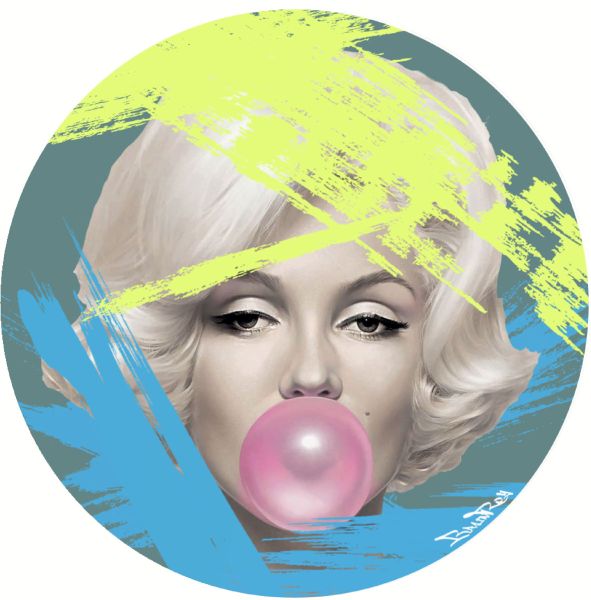 Marilyn peinture, BrainRoy, Finition verre acrylique print, encadré avec attache murale, Forme ronde, Diam 80cm, édité en 6 exemplaires avec certificats