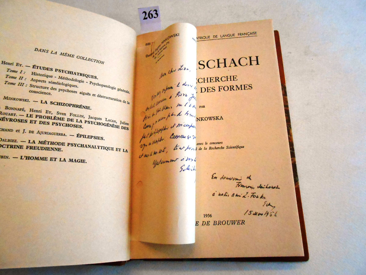 PSYCHIATRIE - Françoise MINKOWSKA - LE RORSCHACH à la recherche du monde des formes. Paris, Desclée, 1956, in-8, reliés demi-basane tabac, à coins, dos à nefs, envoi et lettre autographe d’Eugène Minkowski. Ex-libris.