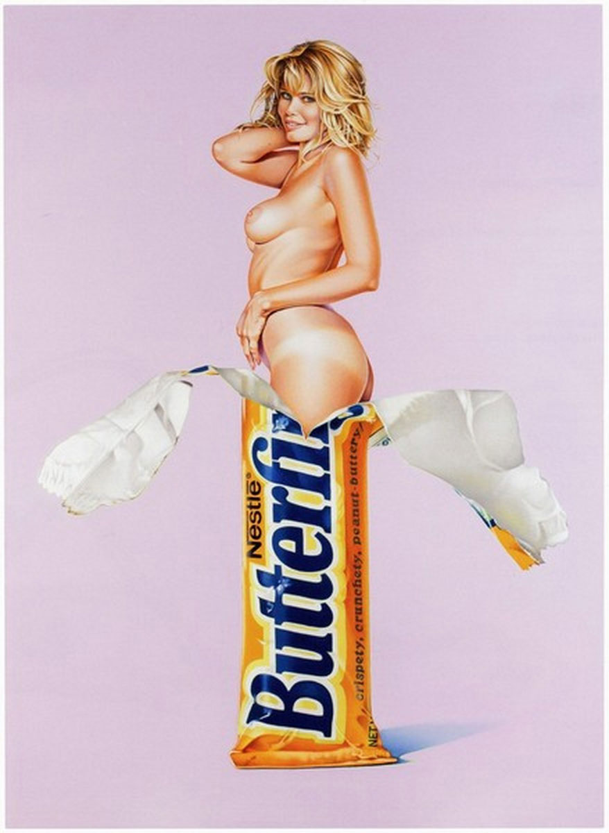 Butterfinger, Print d'après Mel Ramos, épreuve en couleur, signé sur papier Arches dans la planche, cachet de l'éditeur numéroté sur 150, encadré avec certificat de l'éditeur, 28x38cm