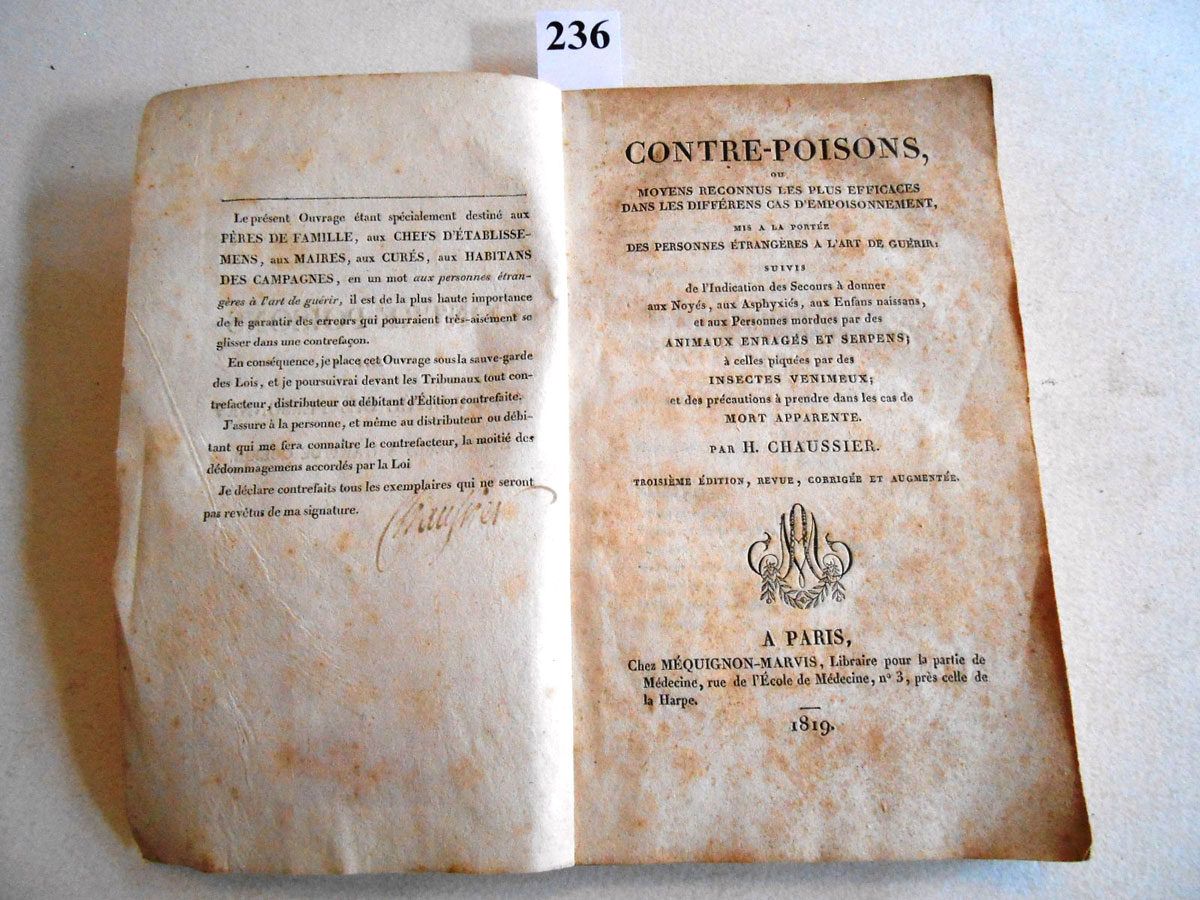 CONTRE-POISONS, mis à la portée des personnes étrangères à l’art de guérir, ou moyens reconnus les plus efficaces dans les différents cas d'empoisonnement par H. CHAUSSIER, 