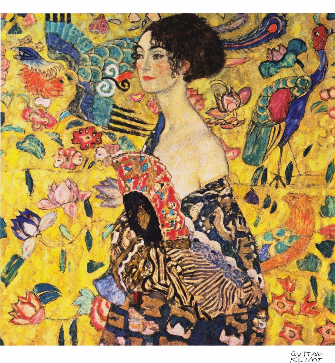 Lady with Fan (1917), Print, d'après Gustav Klimt, Épreuve en couleur signée sur papier Arches dans la planche, et cachet de l’éditeur numéroté sur 150, encadré avec certificat de l’éditeur, Dimensions 28x38 cm