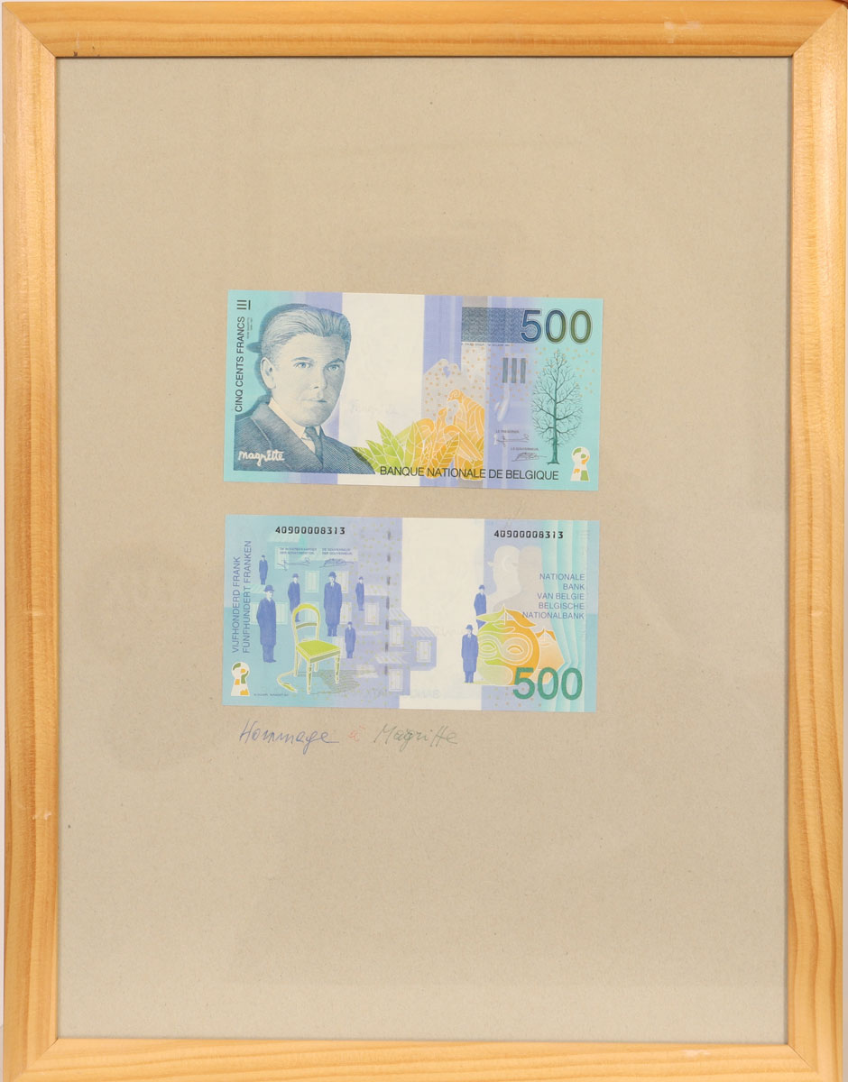 500 Belgian Francs banknotes of 1998 with the effigy of Magritte 