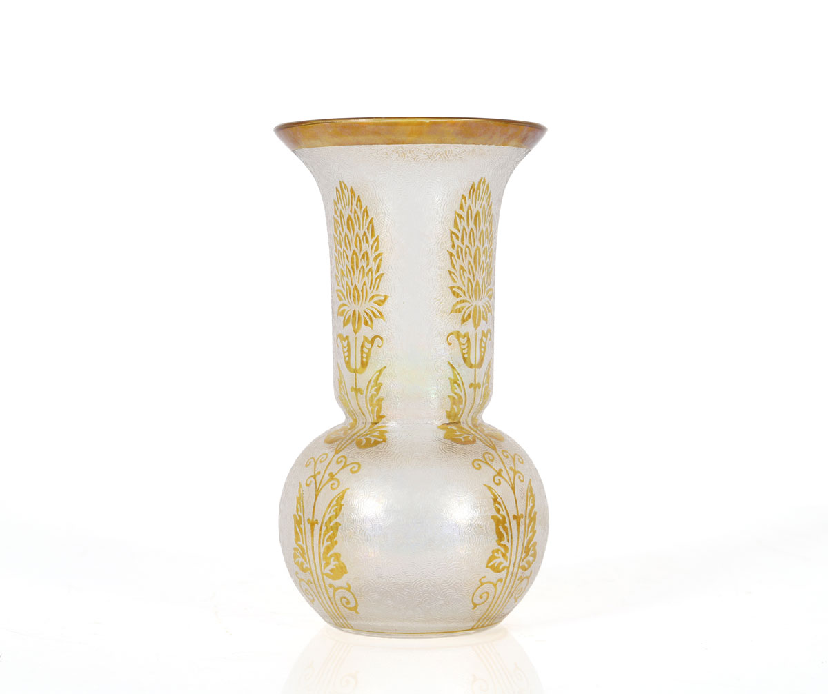 Small spherical vase with high flared neck and acid-etched decoration of yellow palmettes on a transparent vermiculated ground. 