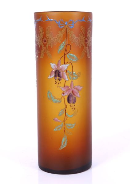 Amber glass scroll vase decorated with enameled fuchsias. 