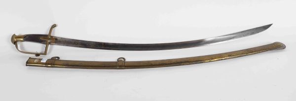 Light Cavalry saber. Brass mounting with a branch. Rectangular mounts. Fusée ebony squared. Blade with two hollow sides engraved and blued with gilding. 