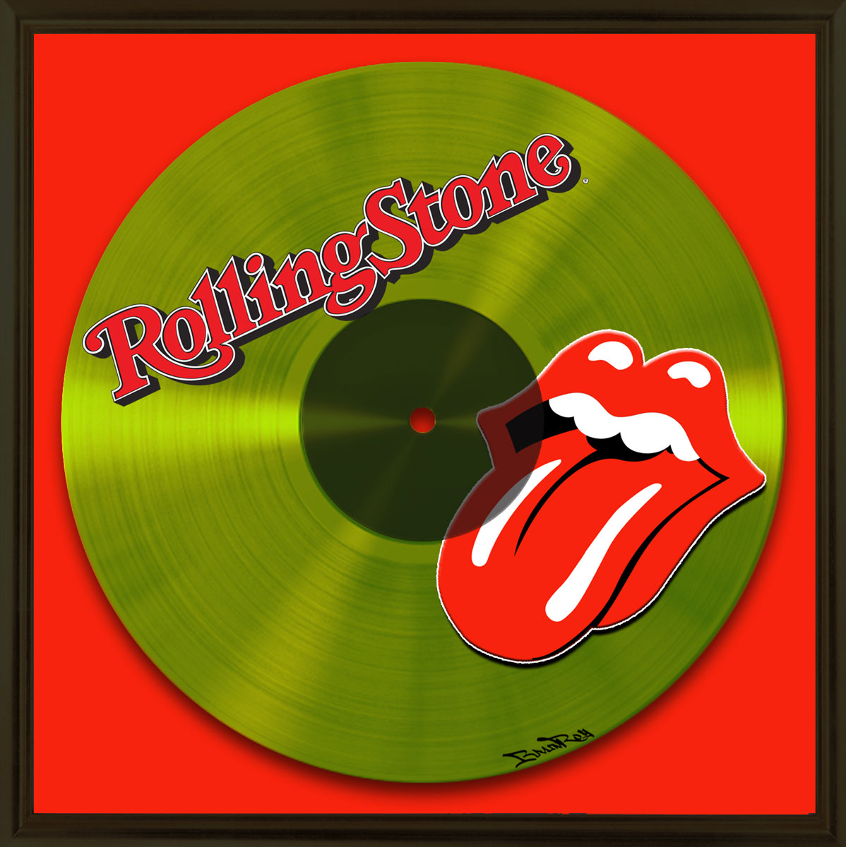 Tableau Brainroy représentant une impression d'un disque 33 tours, d'après Rolling Stones, imprimé sur Dibond contrecollé en relief sur verre acrylique, Caisse américaine,36cmx36cm, édité en 6 exemplaires avec certificat