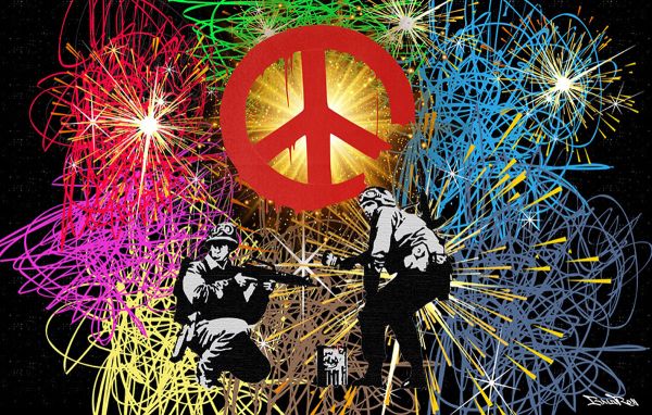 Peace&Love, BrainRoy in the spirit of Banksy, Acrylic glass finish, framed in American box, Dimension 80 x 100 cm, edited in 6 copies with certificates