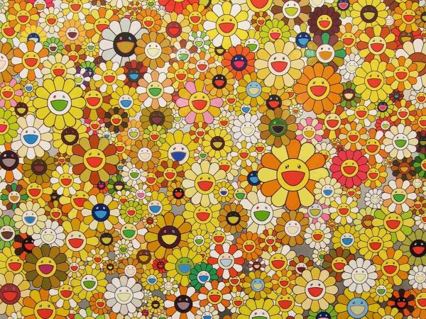 Field of flowers, Print d'après Takashi Murakami, épreuve en couleur, signé sur papier Arches dans la planche, cachet de l'éditeur numéroté sur 150, encadré avec certificat de l'éditeur, 28x38cm