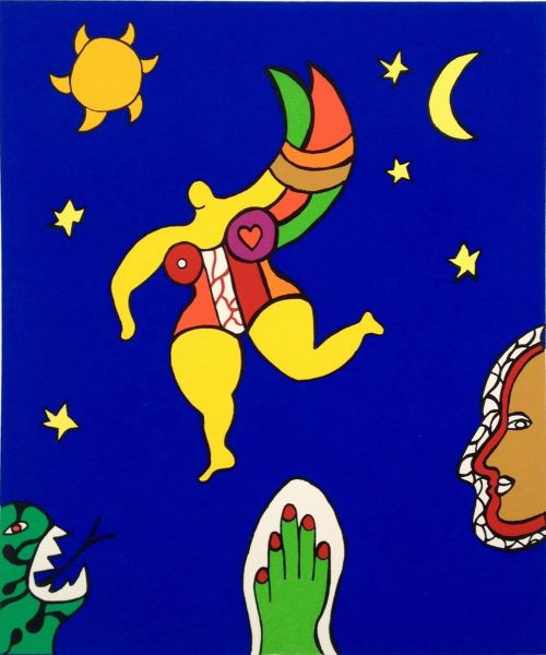 Nana Bleu (1987), Print, d'après Niki de Saint Phalle, Épreuve en couleur signée sur papier Arches dans la planche, et cachet de l’éditeur numéroté sur 150, encadré avec certificat de l’éditeur, Dimensions 28x38 cm