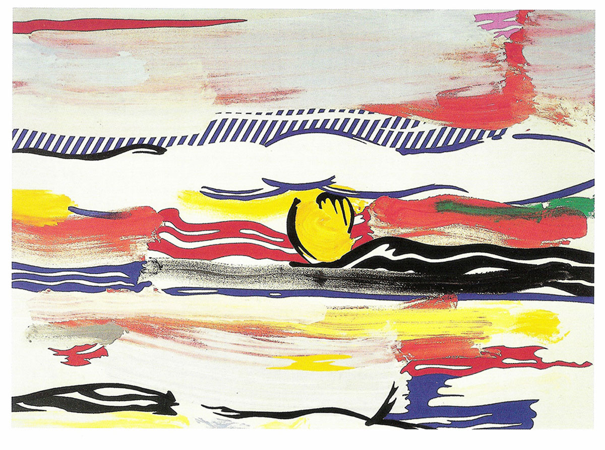 Coucher de soleil (1984), Print d'après Roy Lichtenstein, épreuve en couleur, signé sur papier Arches dans la planche, cachet de l'éditeur numéroté sur 150, encadré avec certificat de l'éditeur, 28x38cm